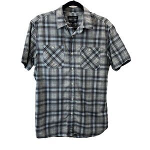 Banana Republic Shirt Mens M Black Tan Plaid Camden Fit Short Sleeve Button Up